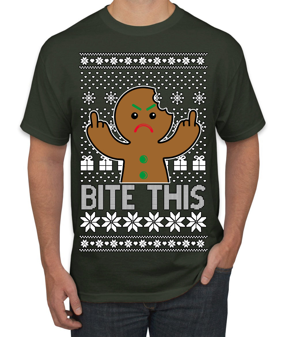 Bite This, Funny Gingerbread Cookie Offensive Inappropriate Middle Finger, F U Ginger Bread Dirty Novelty Xmas Ugly Christmas Sweater Men's T-Shirt