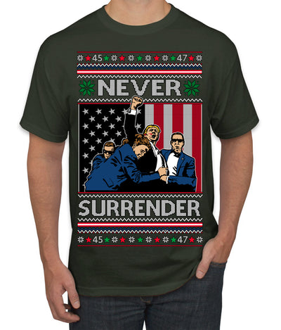 Never Surrender Pro Donald Trump Fight Fist Pump 2024 Ugly Christmas Sweater Men's T-Shirt