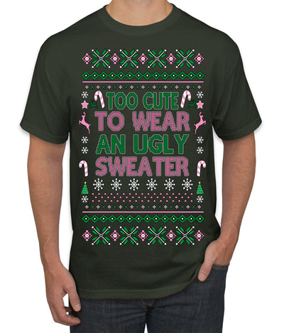 Too Cute to Wear an Ugly Sweater, Funny Classic Pink Candy Cane Reindeer Cute Diva Girl Xmas Ugly Christmas Sweater Men's T-Shirt