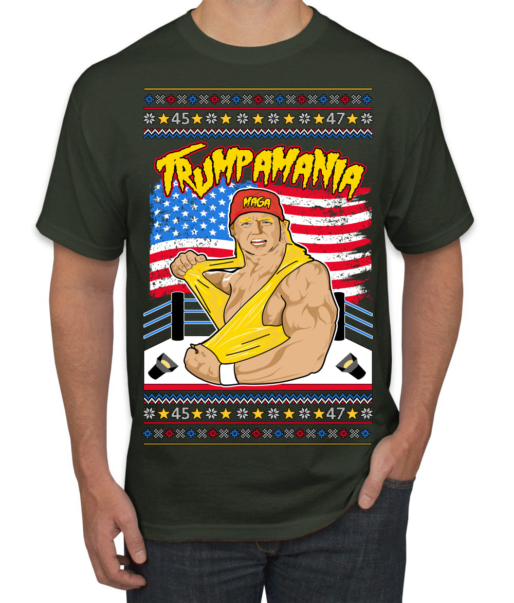 Trumpamania Funny Hogan 80s USA Wrestling Sports Parody Ugly Christmas Sweater Men's T-Shirt