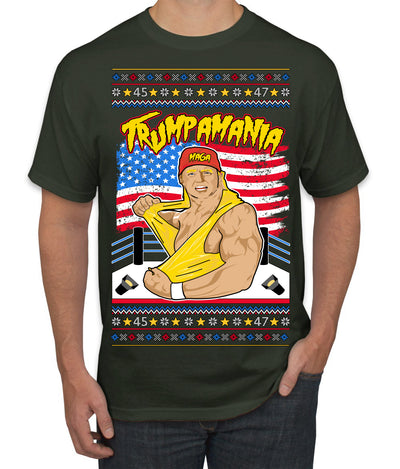Trumpamania Funny Hogan 80s USA Wrestling Sports Parody Ugly Christmas Sweater Men's T-Shirt