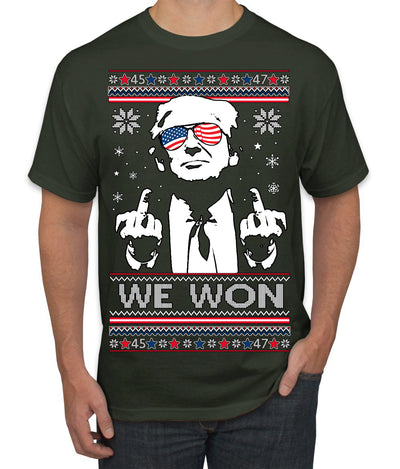 We Won Funny 45 47 President Trump Shot USA Glasses Ugly Christmas Sweater Men's T-Shirt