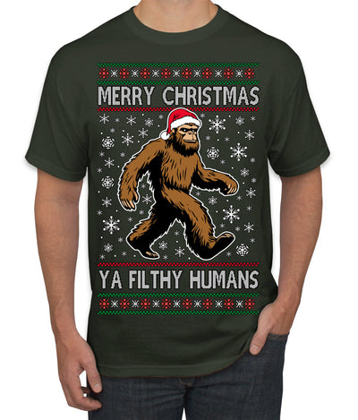 Merry Christmas Ya Filthy Humans Funny Sasquatch Bigfoot Ugly Christmas Sweater Men's T-Shirt