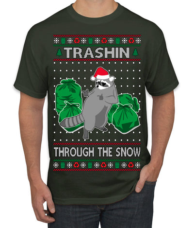 Trashin Through the Snow Funny Trash Panda Raccoon Meme Ugly Christmas Sweater Men's T-Shirt