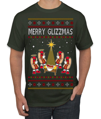 Merry Glizzmas, Funny Glizzy Hot Dog Baby Jesus Catholic Nativity, Fast Food Mustard Condiment Glizzys Humor Ugly Christmas Sweater Men's T-Shirt