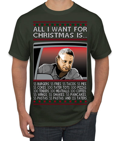 All I Want for Christmas Is 55 Burgers 55 Fries 55 Tacos 55 Pies, Funny Viral I Think Tim TV Show Gen Z Alpha Brainrot Meme Ugly Christmas Sweater Men's T-Shirt