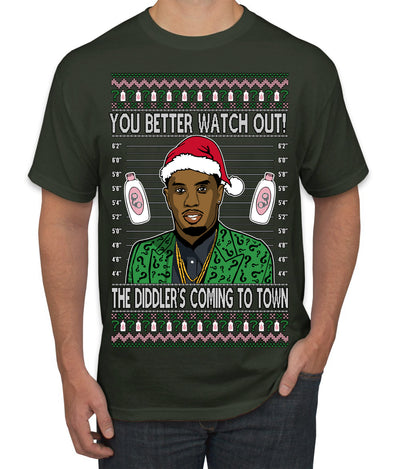 You Better Watch Out, the Diddler's Coming to Town, Funny Santa P Diddy Diddler Funny Party Viral Music Baby Oil Meme Ugly Christmas Sweater Men's T-Shirt