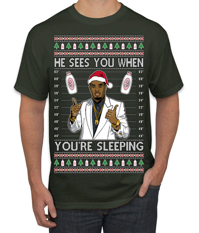 He Sees You When You're Sleeping, Funny Santa P Diddy Diddler Funny Party Viral Music Baby Oil Meme Ugly Christmas Sweater Men's T-Shirt