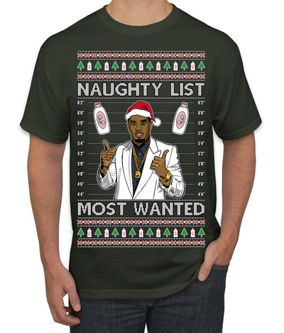 Naughty List Most Wanted, Funny Santa P Diddy Diddler Funny Party Viral Music Baby Oil Meme Ugly Christmas Sweater Men's T-Shirt