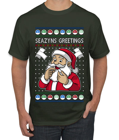 Seazyns Greeting Santa Packing Lip Pouch, Ugly Christmas Sweater Unisex Men's T-Shirt