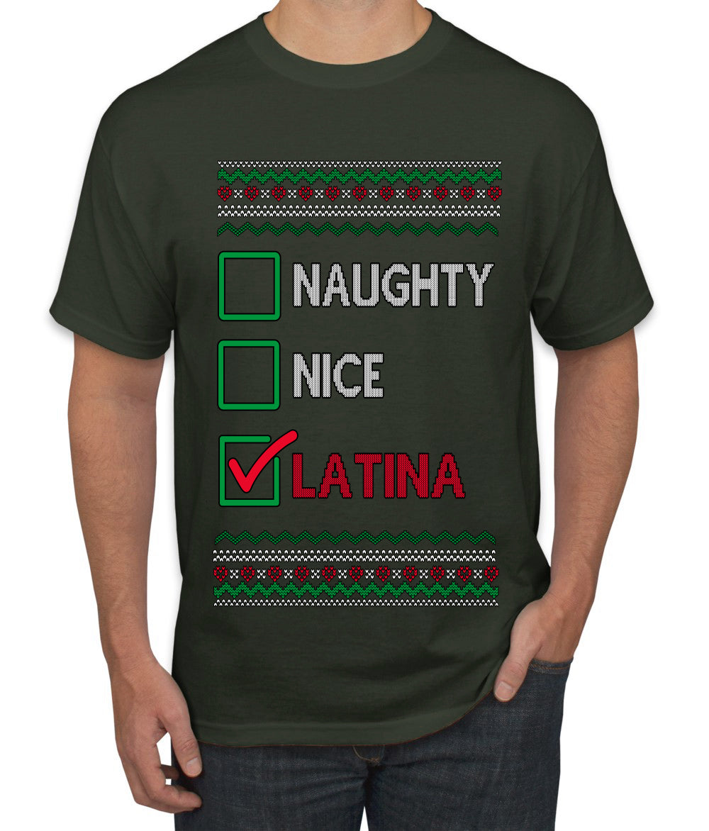Naughty Nice, Latina, Latin American Humor Christmas Design, Ugly Christmas Sweater Unisex Men's T-Shirt