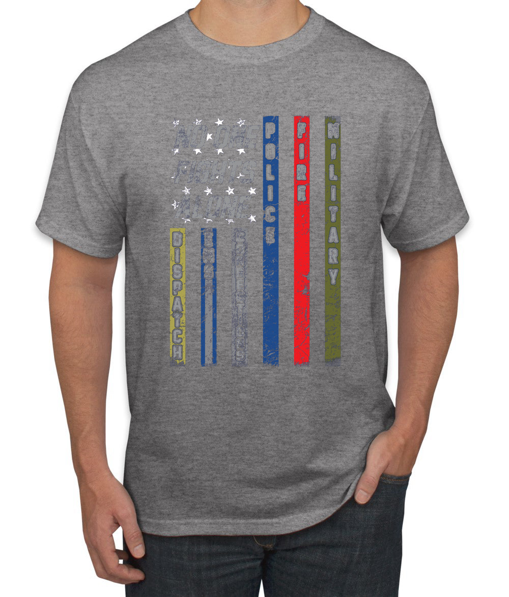 No One Fights Alone, Dispatcher EMS Corrections, Police Fire Military Unity T-Shirt American Flag Tee First Responders Men's T-Shirt