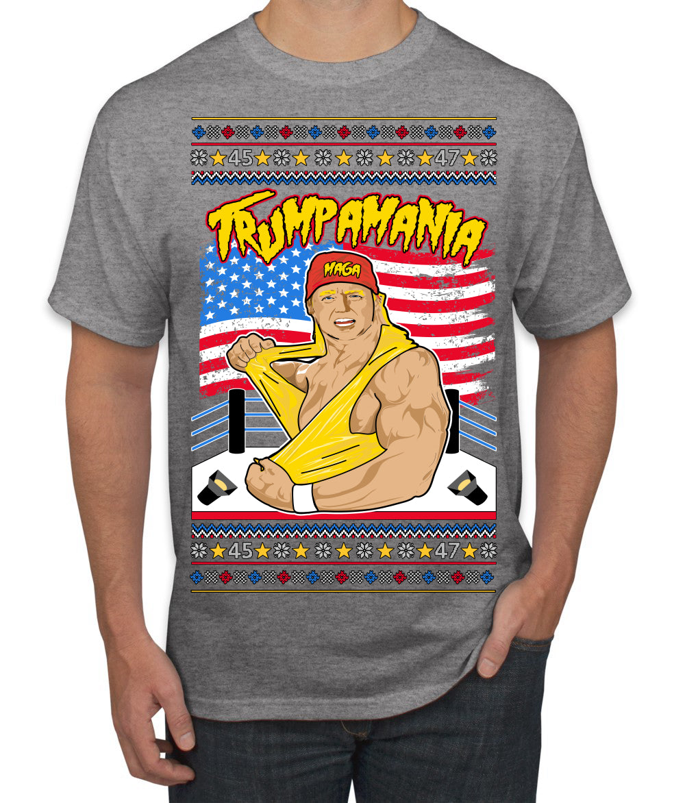 Trumpamania Funny Hogan 80s USA Wrestling Sports Parody Ugly Christmas Sweater Men's T-Shirt