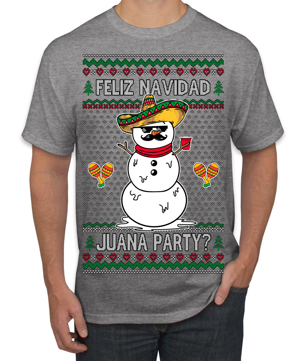Feliz Navidad Juana Party Funny Spanish Drinking Cerveza Ugly Christmas Sweater Men's T-Shirt