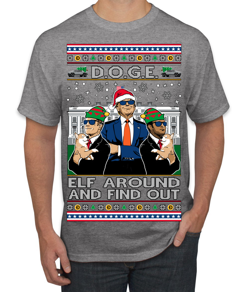 Doge Elf Around and Find Out Trump Elon Vivek MAGA Ugly Christmas Sweater Men's T-Shirt