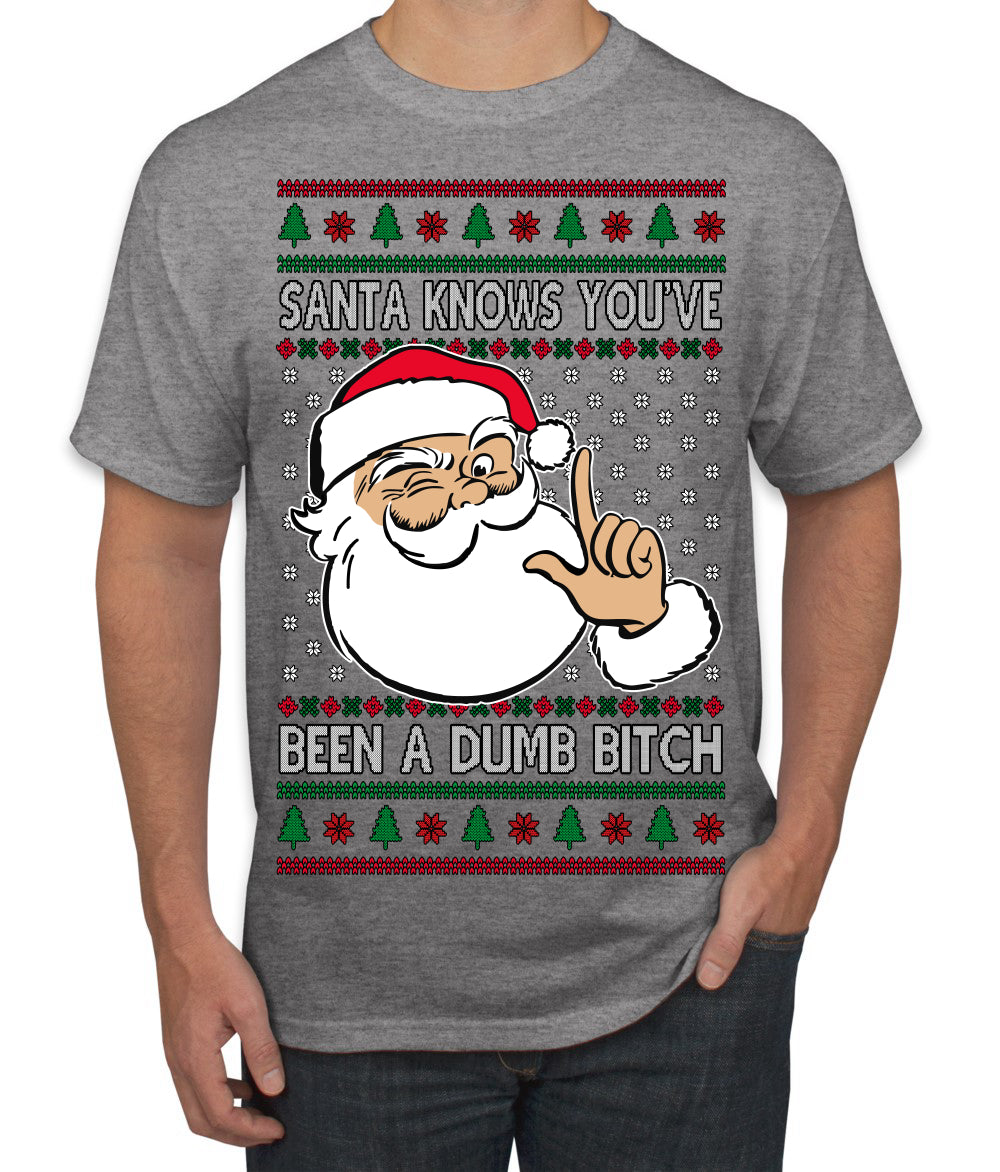 Santa Knows You've Been a Dumb Bitch Funny Vulgar Dirty Ugly Christmas Sweater Men's T-Shirt
