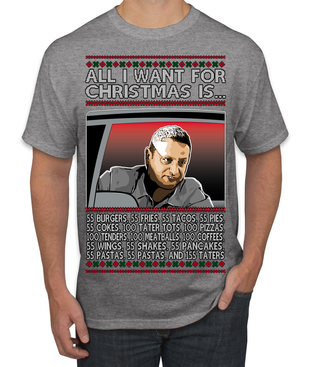 All I Want for Christmas Is 55 Burgers 55 Fries 55 Tacos 55 Pies, Funny Viral I Think Tim TV Show Gen Z Alpha Brainrot Meme Ugly Christmas Sweater Men's T-Shirt