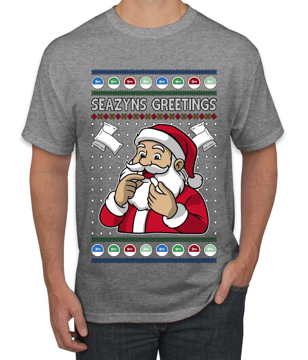 Seazyns Greeting Santa Packing Lip Pouch, Ugly Christmas Sweater Unisex Men's T-Shirt