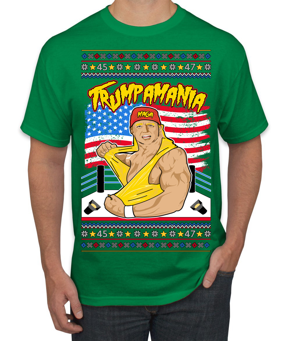Trumpamania Funny Hogan 80s USA Wrestling Sports Parody Ugly Christmas Sweater Men's T-Shirt