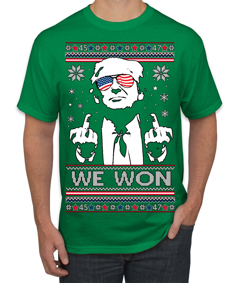We Won Funny 45 47 President Trump Shot USA Glasses Ugly Christmas Sweater Men's T-Shirt