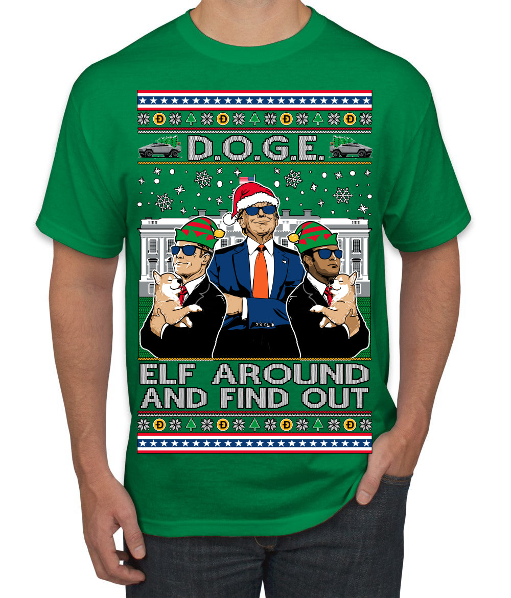 Doge Elf Around and Find Out Trump Elon Vivek MAGA Ugly Christmas Sweater Men's T-Shirt