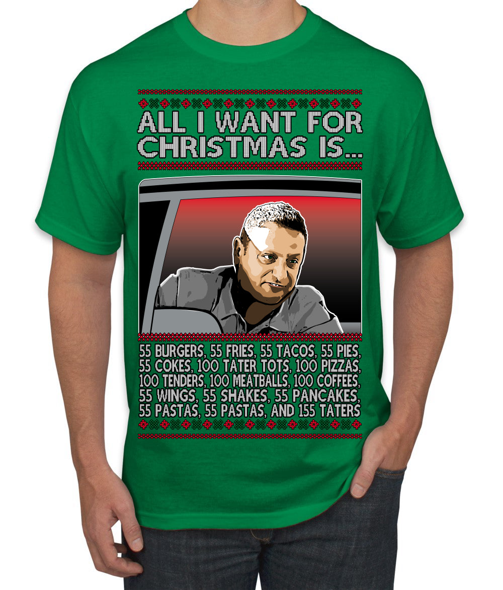 All I Want for Christmas Is 55 Burgers 55 Fries 55 Tacos 55 Pies, Funny Viral I Think Tim TV Show Gen Z Alpha Brainrot Meme Ugly Christmas Sweater Men's T-Shirt