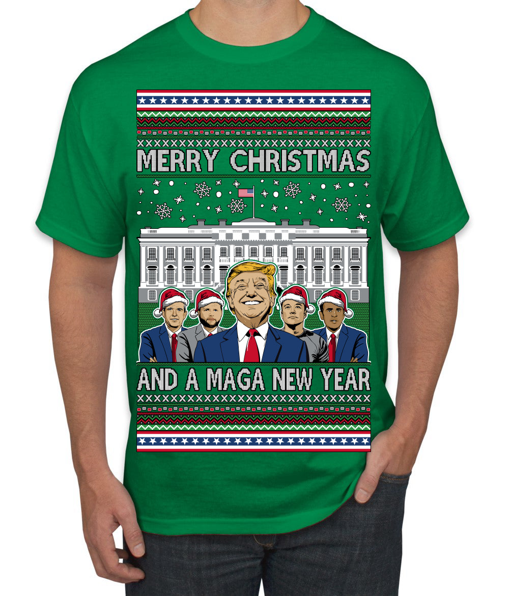 Merry Christmas and a MAGA New Year 2025 Ugly Christmas Sweater Men's T-Shirt