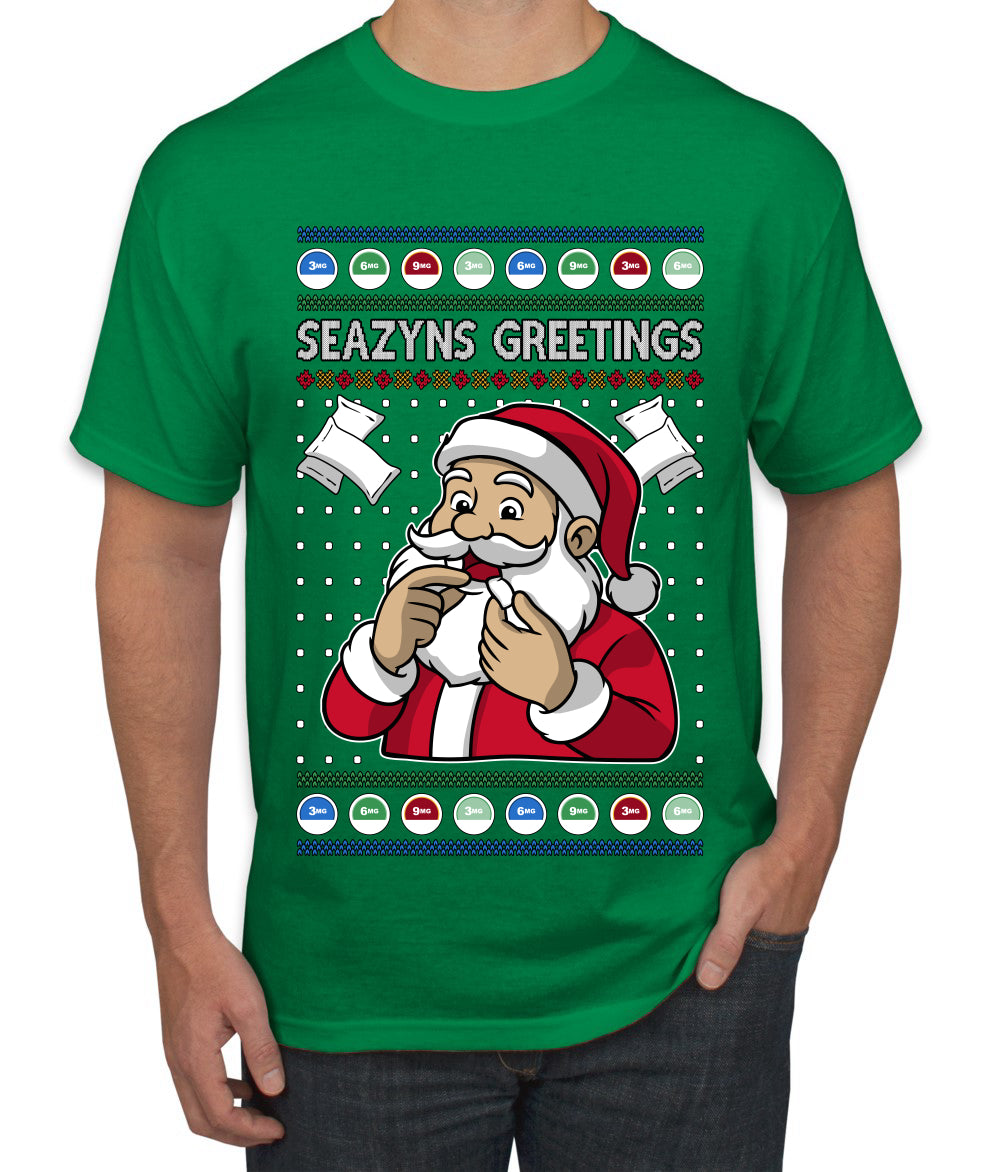 Seazyns Greeting Santa Packing Lip Pouch, Ugly Christmas Sweater Unisex Men's T-Shirt