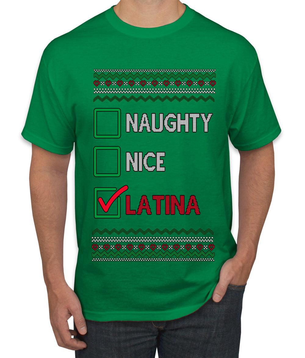Naughty Nice, Latina, Latin American Humor Christmas Design, Ugly Christmas Sweater Unisex Men's T-Shirt