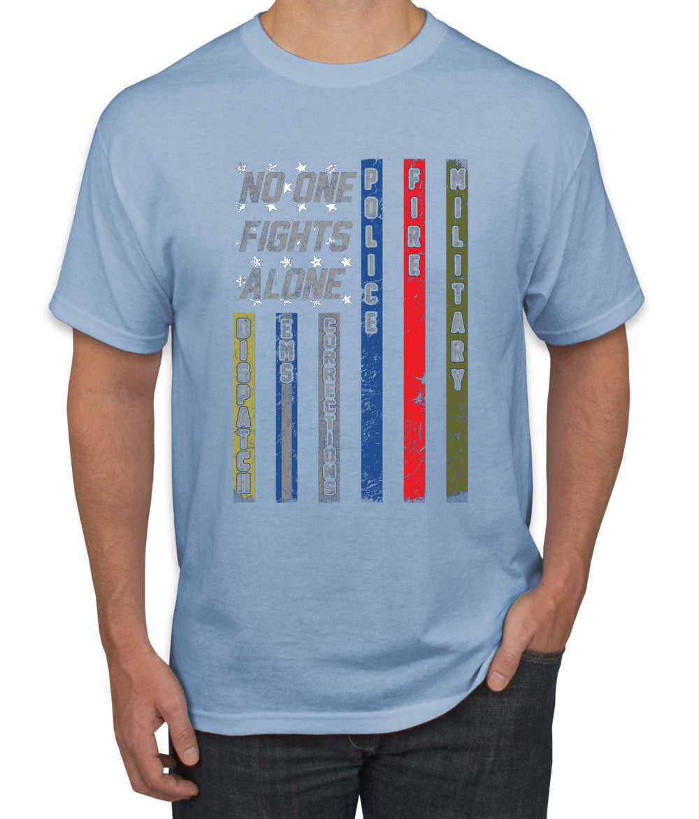 No One Fights Alone, Dispatcher EMS Corrections, Police Fire Military Unity T-Shirt American Flag Tee First Responders Men's T-Shirt