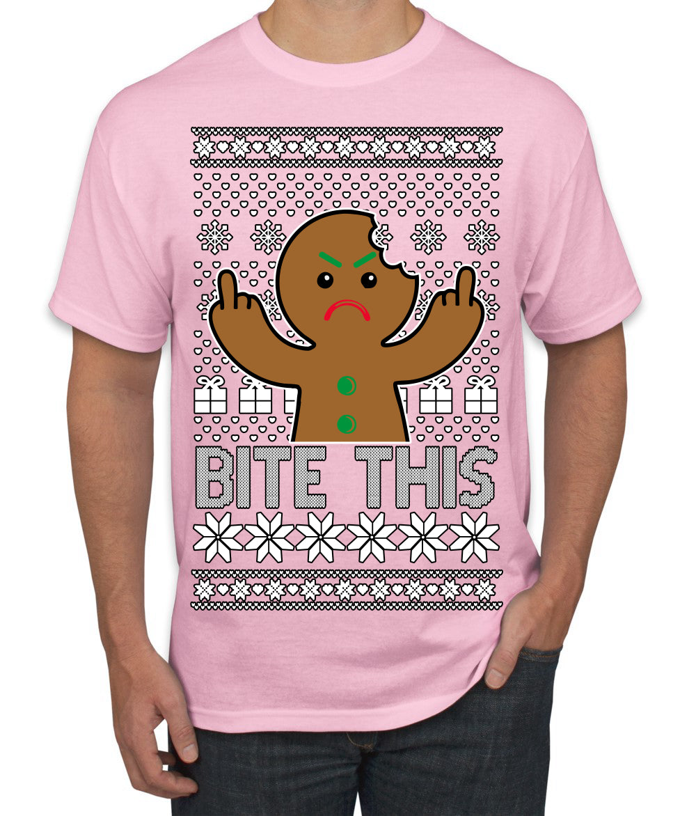 Bite This, Funny Gingerbread Cookie Offensive Inappropriate Middle Finger, F U Ginger Bread Dirty Novelty Xmas Ugly Christmas Sweater Men's T-Shirt