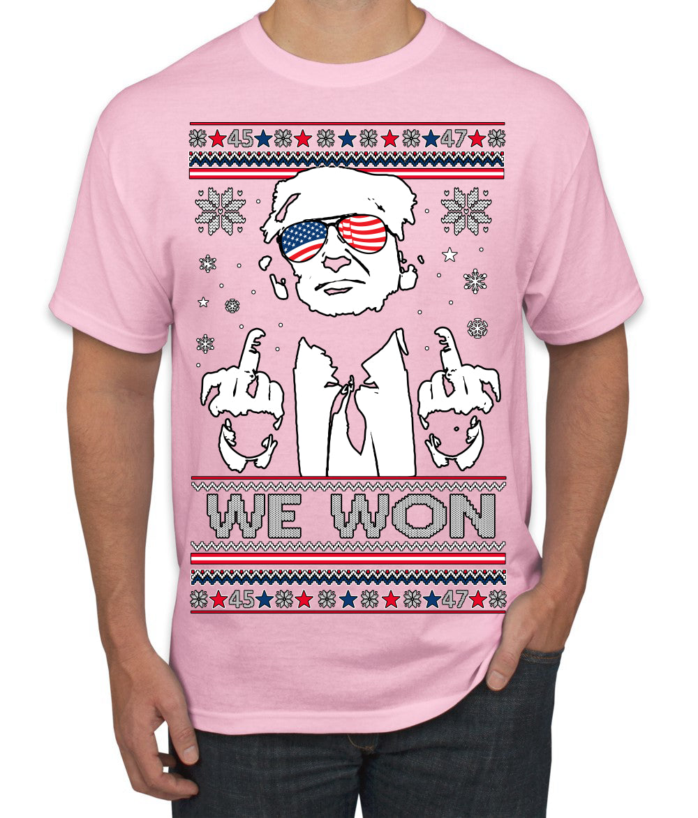 We Won Funny 45 47 President Trump Shot USA Glasses Ugly Christmas Sweater Men's T-Shirt