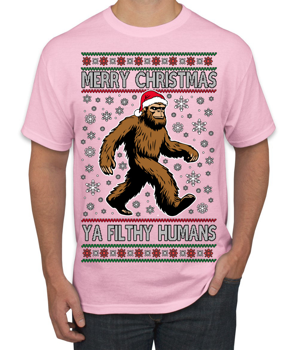 Merry Christmas Ya Filthy Humans Funny Sasquatch Bigfoot Ugly Christmas Sweater Men's T-Shirt