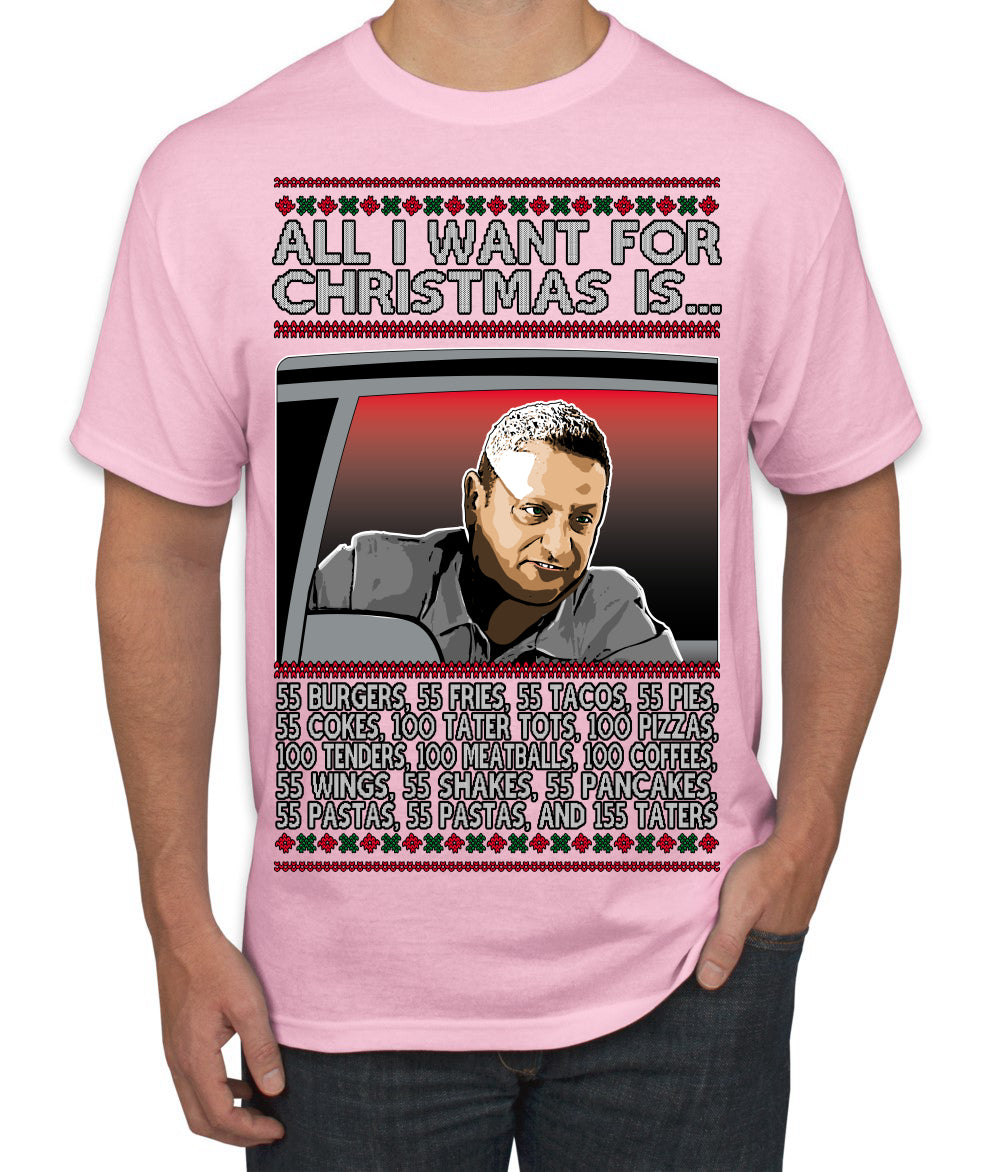 All I Want for Christmas Is 55 Burgers 55 Fries 55 Tacos 55 Pies, Funny Viral I Think Tim TV Show Gen Z Alpha Brainrot Meme Ugly Christmas Sweater Men's T-Shirt