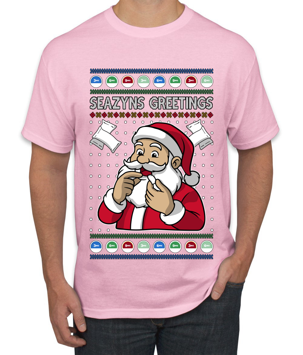 Seazyns Greeting Santa Packing Lip Pouch, Ugly Christmas Sweater Unisex Men's T-Shirt