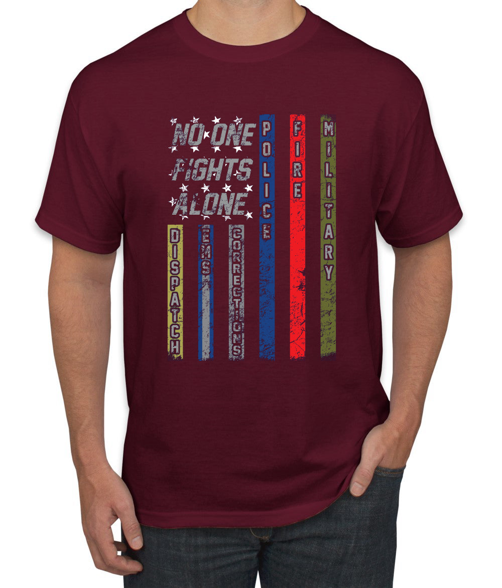 No One Fights Alone, Dispatcher EMS Corrections, Police Fire Military Unity T-Shirt American Flag Tee First Responders Men's T-Shirt