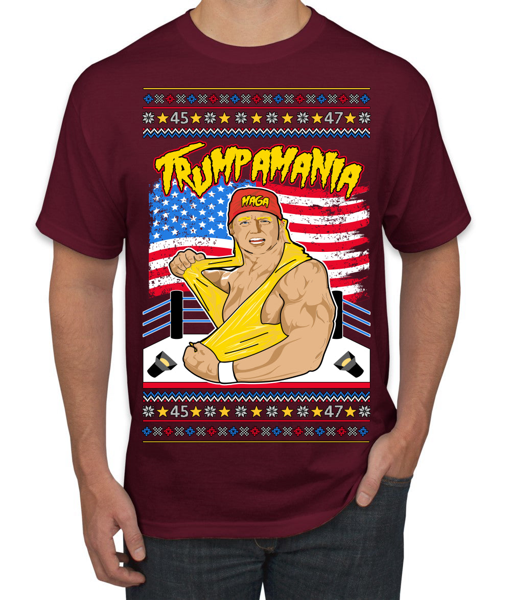 Trumpamania Funny Hogan 80s USA Wrestling Sports Parody Ugly Christmas Sweater Men's T-Shirt