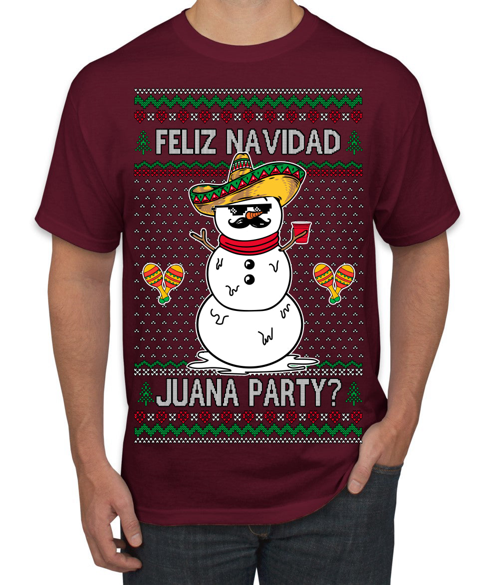 Feliz Navidad Juana Party Funny Spanish Drinking Cerveza Ugly Christmas Sweater Men's T-Shirt