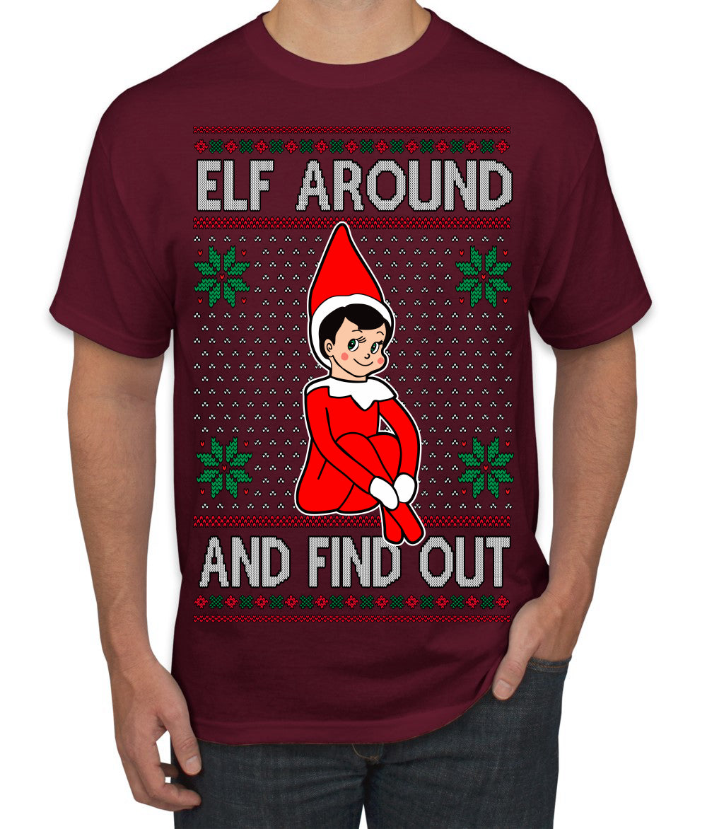 Elf Around and Find Out Funny Gift Toy on a Shelf, Classic Viral Winter Holidays Xmas Meme Ugly Christmas Sweater Men's T-Shirt