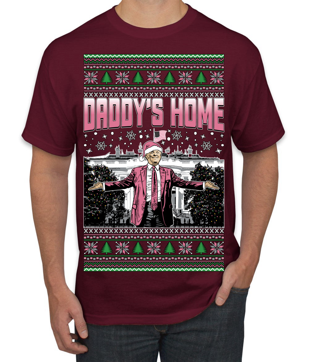 Daddy's Home Pink Suit, I'll Be Home for Christmas | Funny Santa Clause President Donald Trump Ugly Christmas Sweater Men's T-Shirt