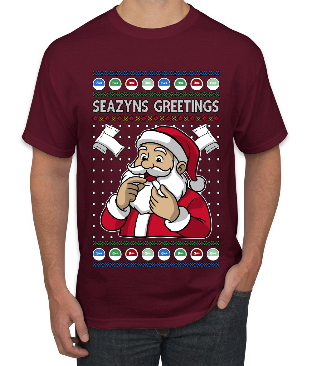 Seazyns Greeting Santa Packing Lip Pouch, Ugly Christmas Sweater Unisex Men's T-Shirt