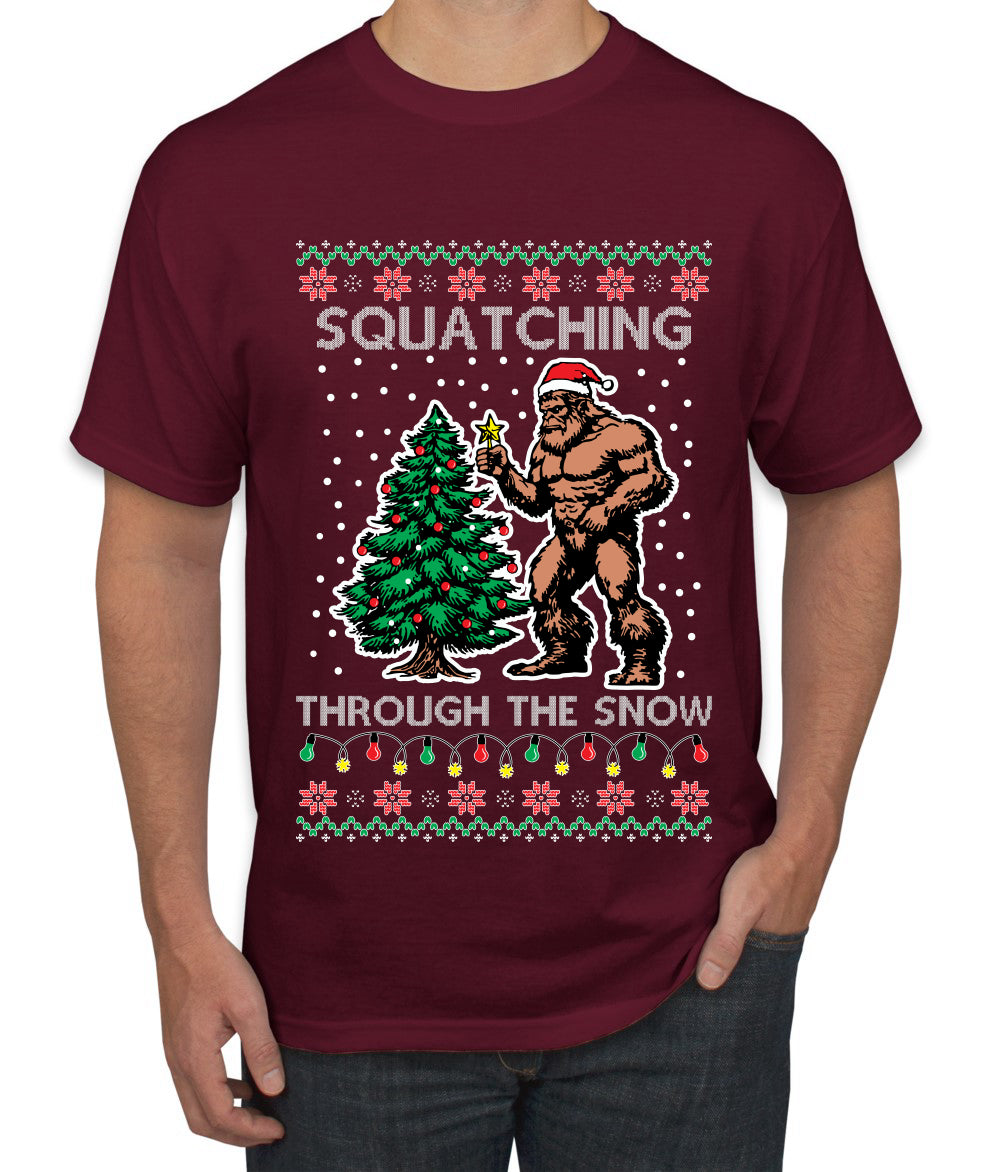 Squatching Through The Snow Bigfoot, Ugly Christmas Sweater Unisex Men's T-Shirt