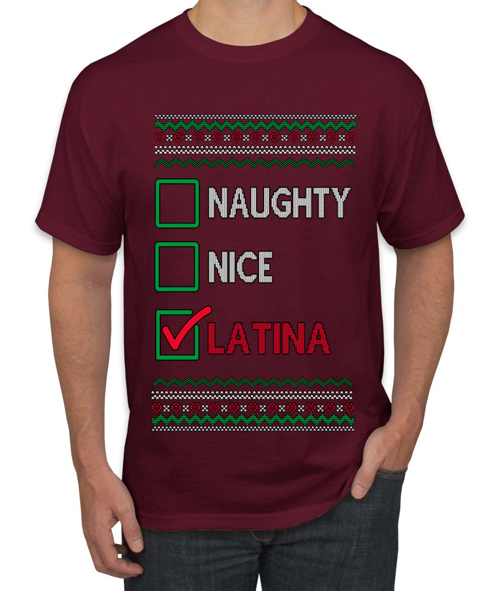 Naughty Nice, Latina, Latin American Humor Christmas Design, Ugly Christmas Sweater Unisex Men's T-Shirt
