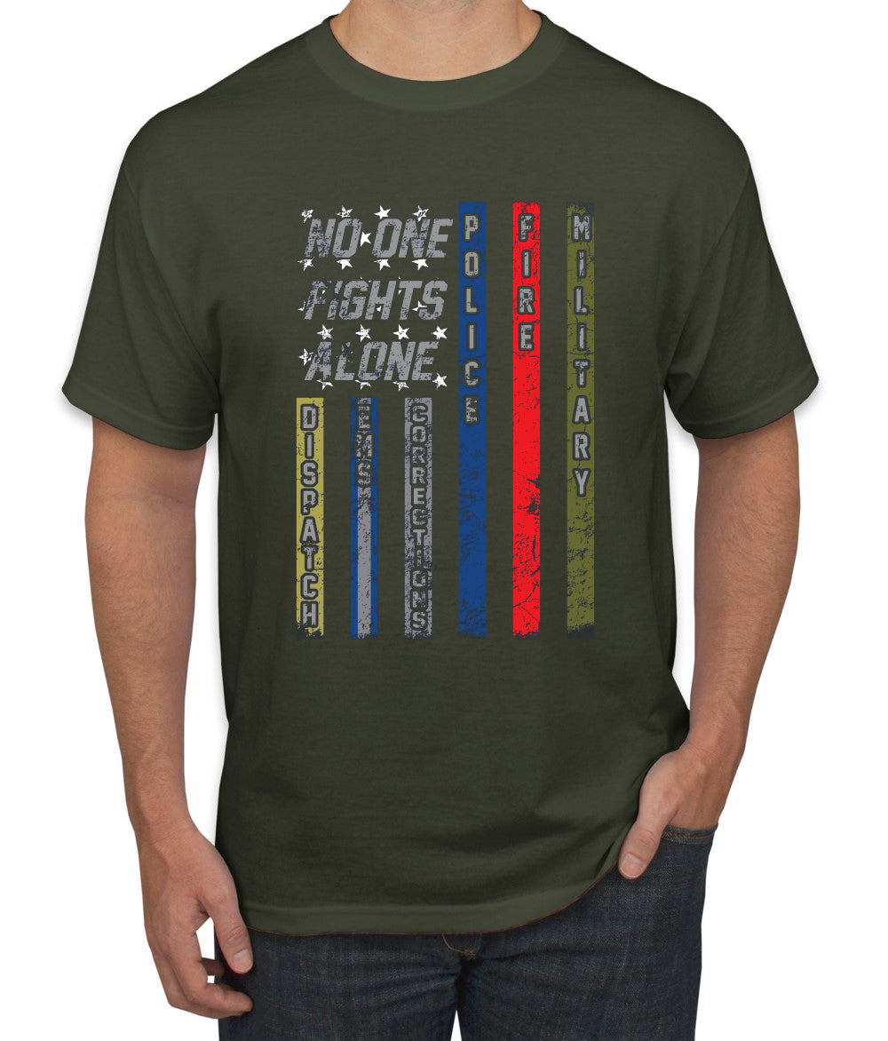 No One Fights Alone, Dispatcher EMS Corrections, Police Fire Military Unity T-Shirt American Flag Tee First Responders Men's T-Shirt