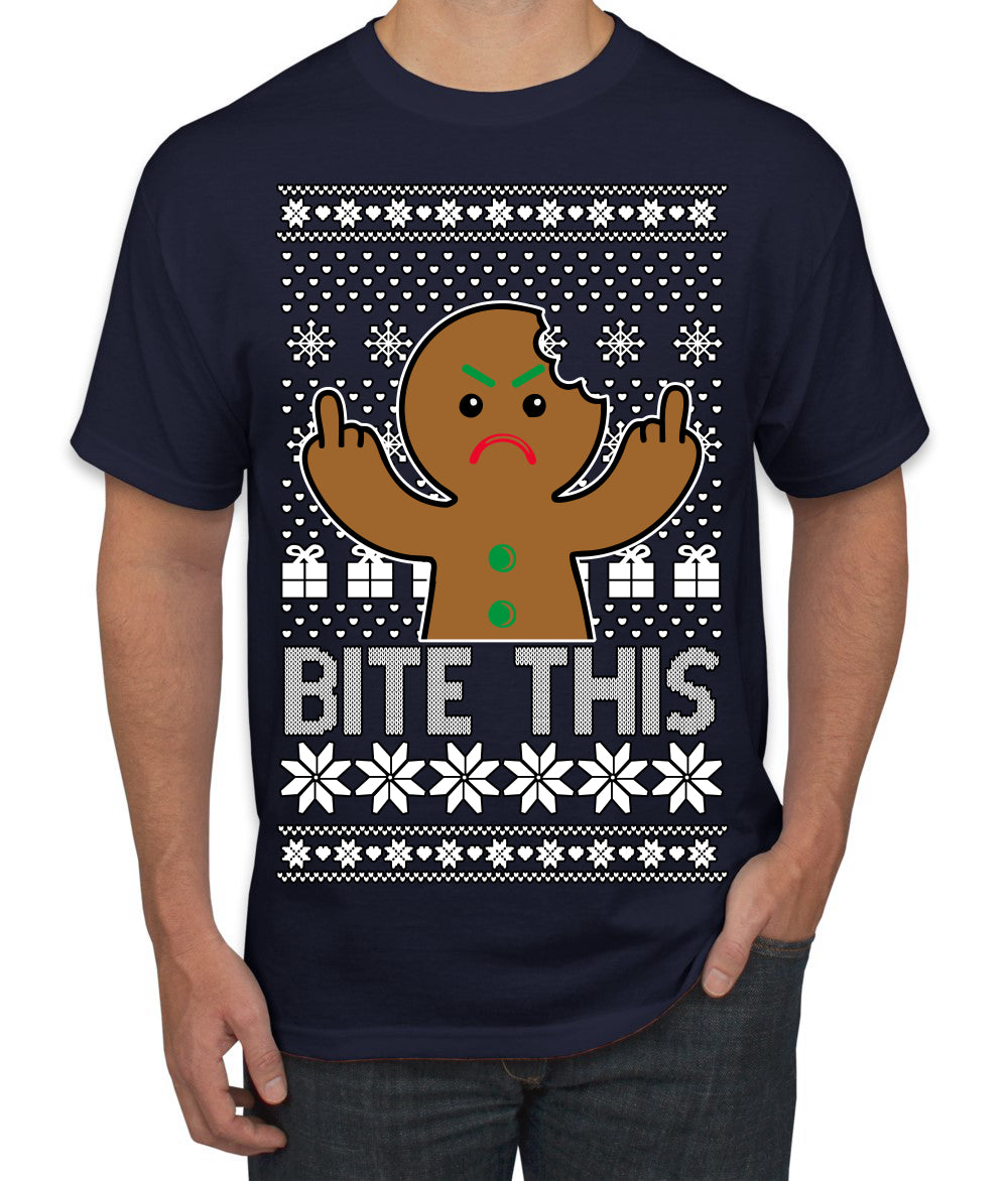 Bite This, Funny Gingerbread Cookie Offensive Inappropriate Middle Finger, F U Ginger Bread Dirty Novelty Xmas Ugly Christmas Sweater Men's T-Shirt