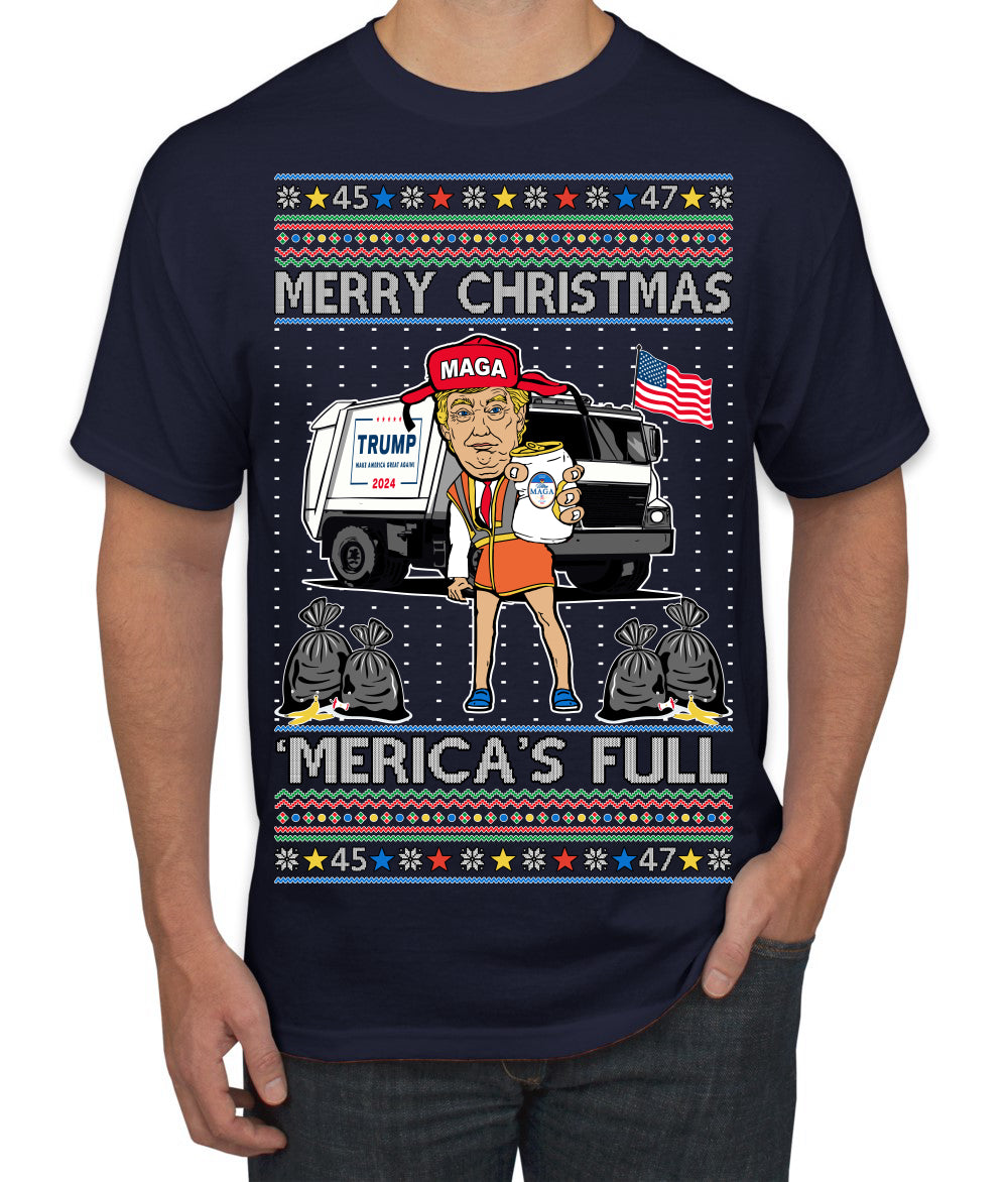 Donald Trump Merry Christmas Merica's Full Garbage Truck Ugly Christmas Sweater Men's T-Shirt