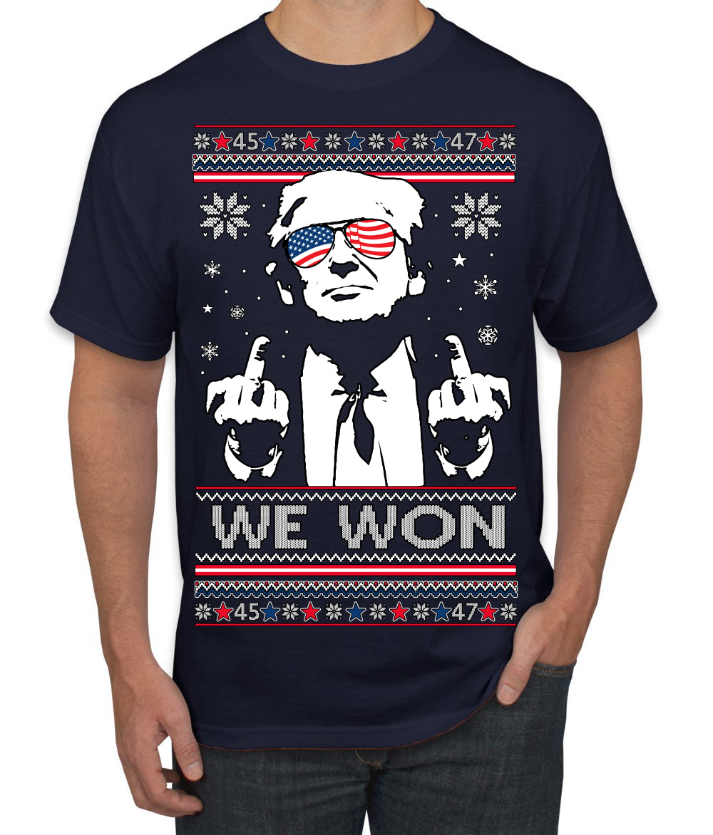 We Won Funny 45 47 President Trump Shot USA Glasses Ugly Christmas Sweater Men's T-Shirt