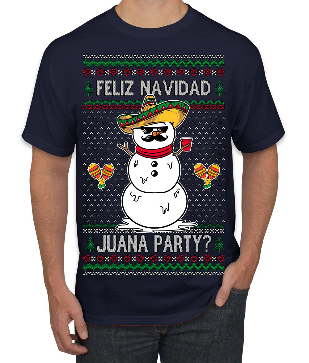 Feliz Navidad Juana Party Funny Spanish Drinking Cerveza Ugly Christmas Sweater Men's T-Shirt