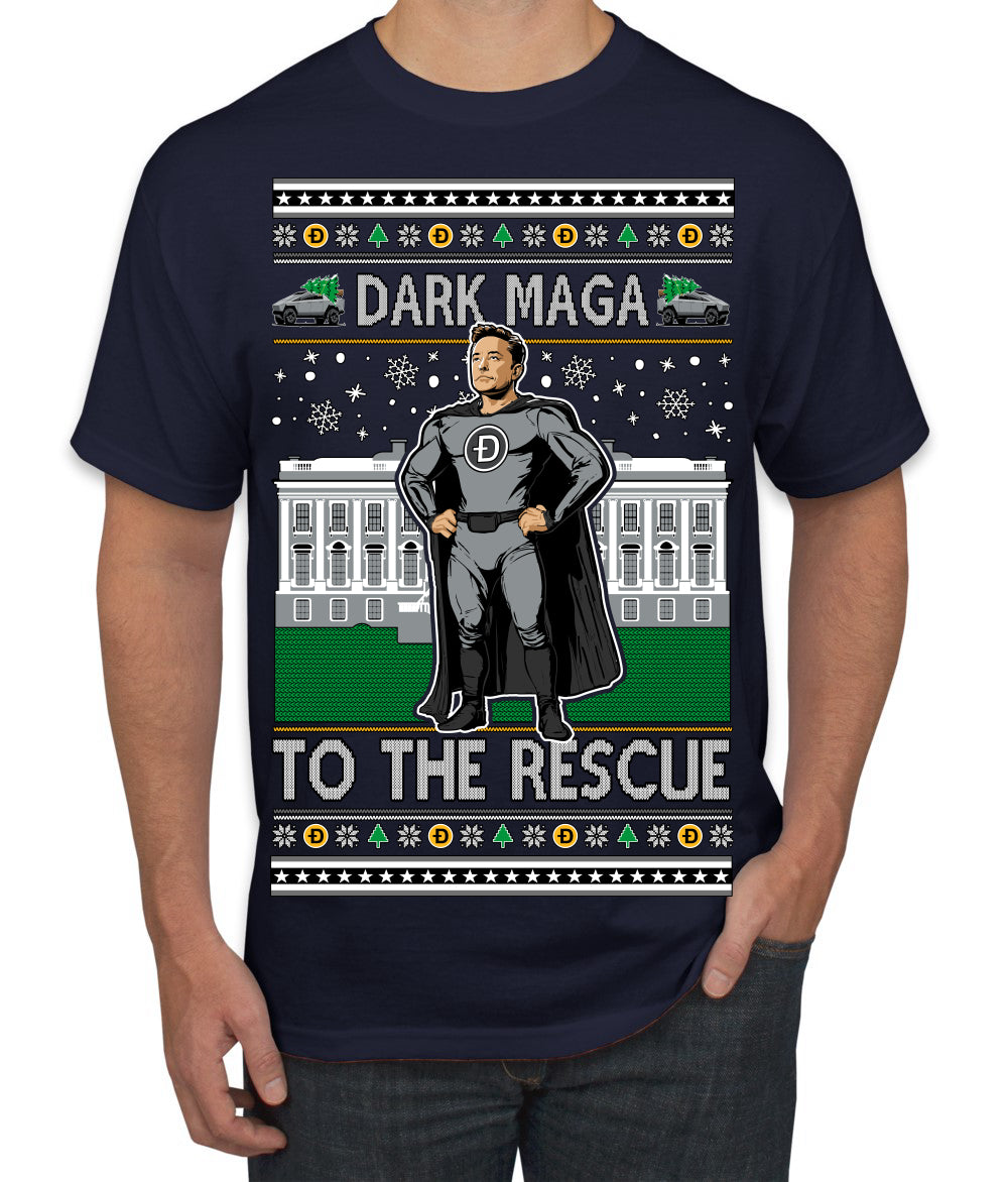 Dark MAGA to the Rescue Elon Superhero Doge Crypto Ugly Christmas Sweater Men's T-Shirt