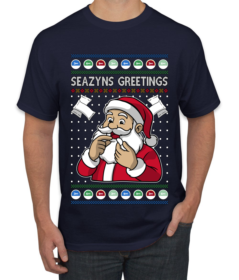 Seazyns Greeting Santa Packing Lip Pouch, Ugly Christmas Sweater Unisex Men's T-Shirt